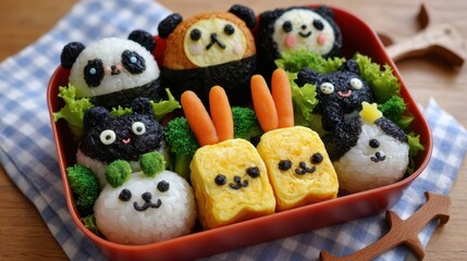 Delightful kids omurice bento box featuring cute animal themed rice shapes and vibrant vegetables