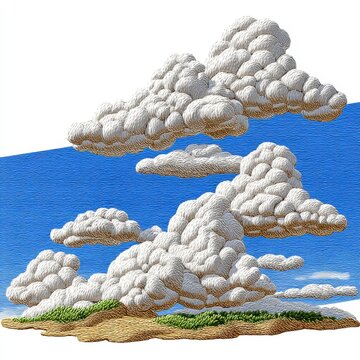 White fluffy clouds drift across a vivid blue sky above a gently rolling landscape of green and tan. The pixelated style gives a unique texture.