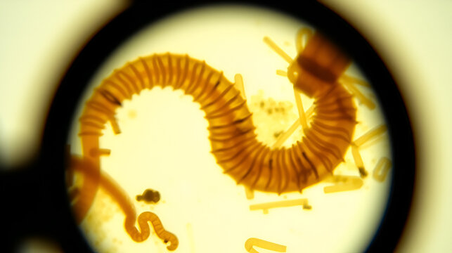 Strongyloides stercoralis or threadworm in human stool, analyze by microscope, original magnification 400x