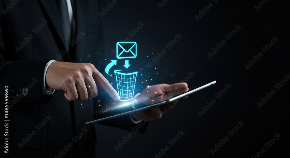 Aufkleber a person in a suit deleting an email on a tablet with a digital interface and a black background rea
