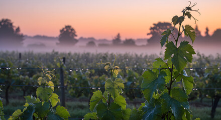 Vineyard Rows in The Mist at Sunrise, Water Droplets on The Vines