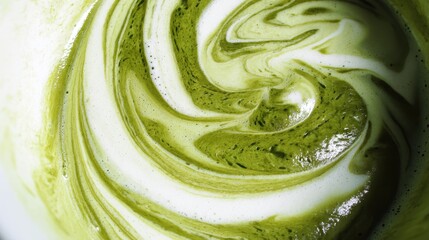 A close-up of matcha green tea powder swirled with milk, creating a vibrant, marbled pattern.