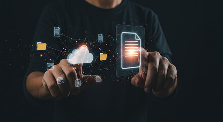 Man using smartphone with file icons floating around showing cloud document access and mobile sync