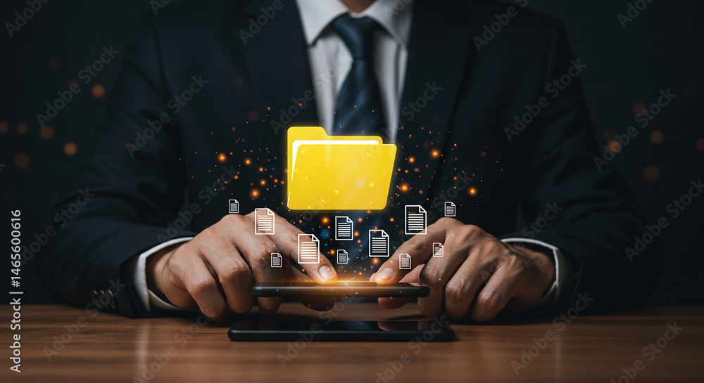 Poster a person in a suit using a phone with a digital folder and document icons above it on a dark backgro
