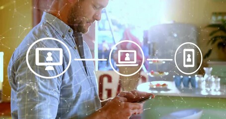 man checking smartphone in cafe, with technology network icons linking desktop laptop smartphone - Powered by Adobe
