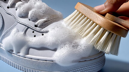 Hand cleaning white suede sneakers with brush and foam on light blue background, concept of shoe care and washing to restore the appearance of shoes after use or storage