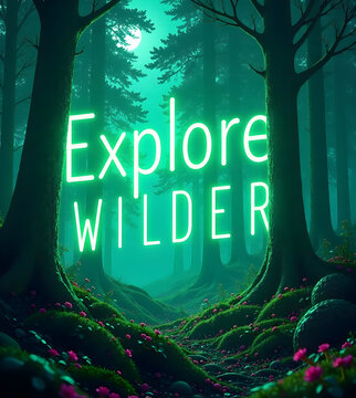 text="Explore Wilder" with a futuristic, neomorphed, glowing forest as the background, incorporating subtle, intricate patterns of interconnected circuitry and ethereal, pulsing lights that emanate fr