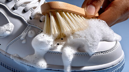 Hand cleaning white suede sneakers with brush and foam on light blue background, concept of shoe care and washing to restore the appearance of shoes after use or storage