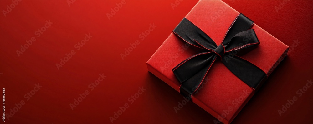 Poster elegant red gift box with black ribbon on matching background