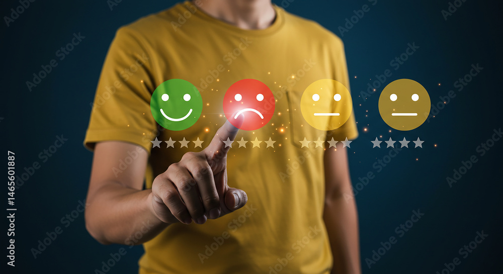 Aufkleber a person selecting a sad face feedback icon with stars on a digital interface display screen view re