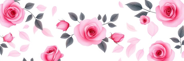 Pink Roses and Petals Background - Delicate pink roses and falling petals on a white background. Perfect for romantic designs, invitations, or websites