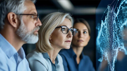 Human resource managers reviewing employee performance analytics futuristic business communication setting