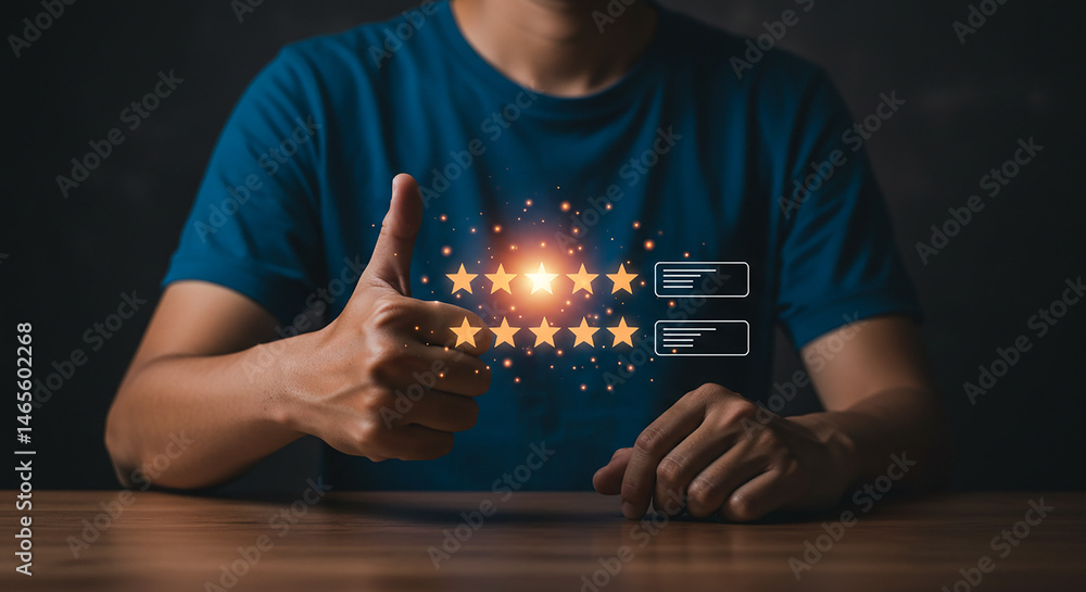 Poster person giving a thumbs up with ten glowing stars and two comment boxes floating above the table real