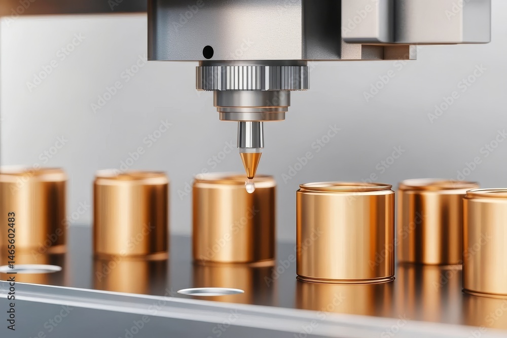 Poster precision automated dispensing system - macro shot of a robotic arm precisely dispensing liquid onto