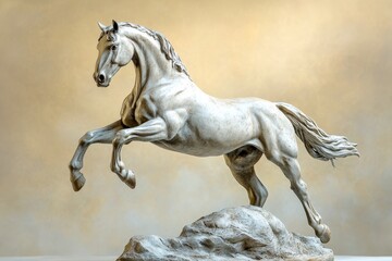 A  statuesque, leaping horse sculpture, rendered in light gray tones.