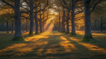 Fototapeta premium Golden sunbeams pierce a tranquil forest