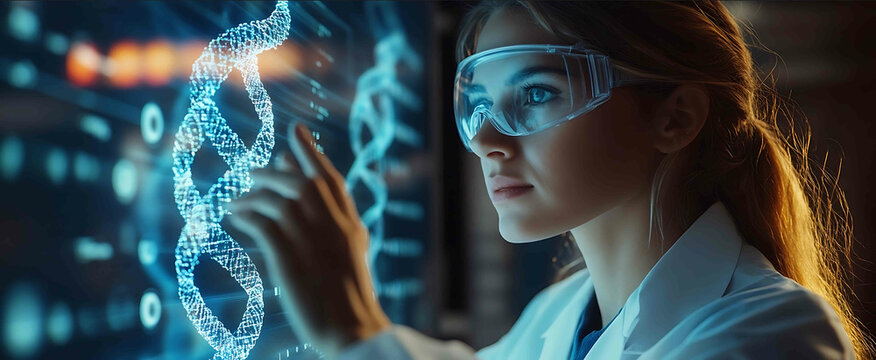 Female scientist wearing goggles and a white lab coat touching a holographic DNA model in a futuristic laboratory Space for text on the right side Concept of biotechnology or emergi