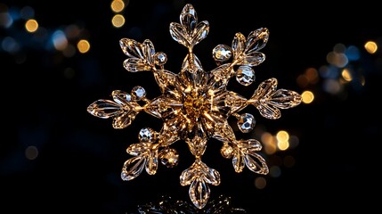 Sparkling crystal snowflake ornament against a dark background.