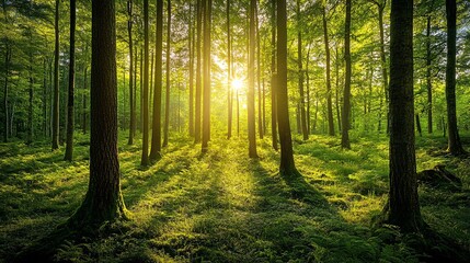 Fototapeta premium Warm sunlight shining through forest trees