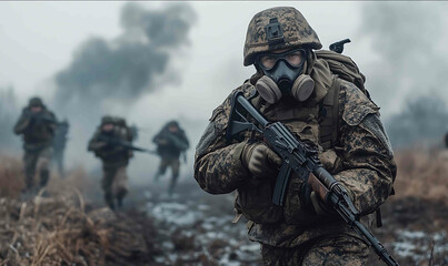 sideway view of a Ukrainian soldier in camouflage and a gas mask is standing on a field holding an assault rifle and surrounded by thick smoke from nearby explosions He appears dete