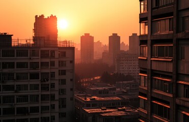 City skyline at sunset, urban buildings silhouetted against a fiery orange sky.  Dense urban sprawl, residential towers, and a hazy horizon