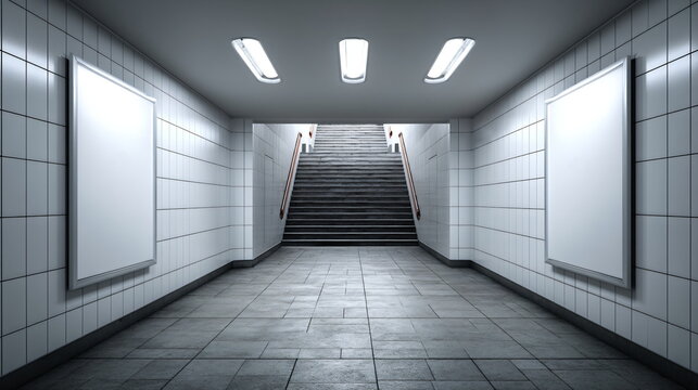 Two empty billboards and stairs in the interior of a metro station. Empty advertising space on an underground wall. Underground public transport concept for marketing.