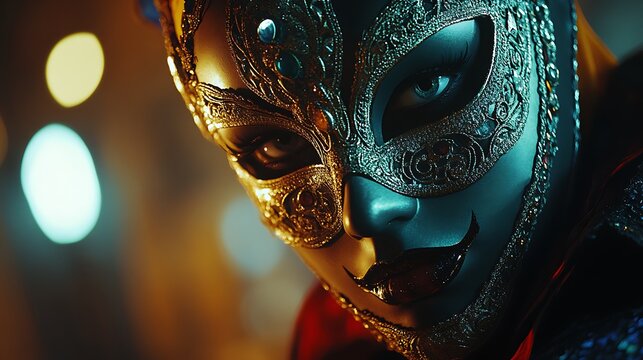 Close-up portrait of a person wearing a vibrant masquerade mask.