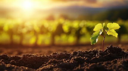 New grapevine sprout emerging from fertile soil at sunset