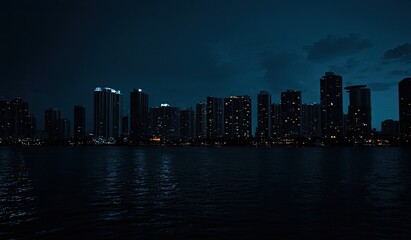 Obraz premium City skyline at night, dark silhouettes of buildings along a waterfront