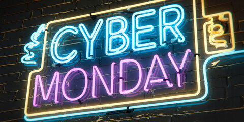 Neon sign on brick wall, displaying "Cyber Monday" in blue and purple lights, showcasing a vibrant retail sale announcement