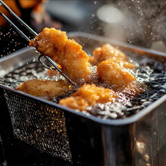a fryer basket coming out of the hot oil with deep fried fish