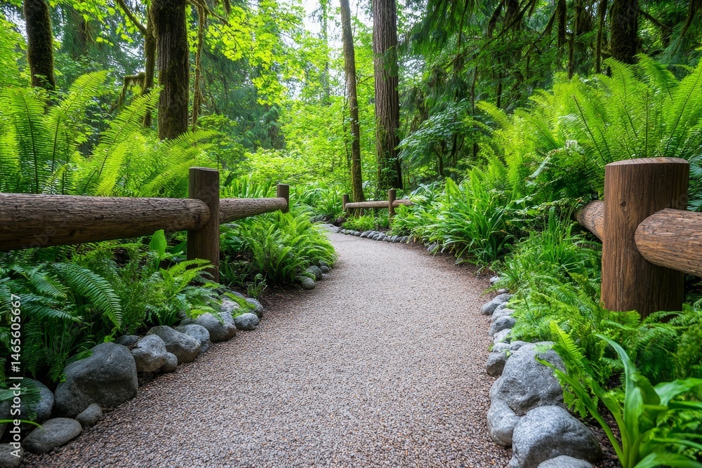 Poster serene forest path - a tranquil gravel path winds through a lush forest, bordered by ferns and a rus