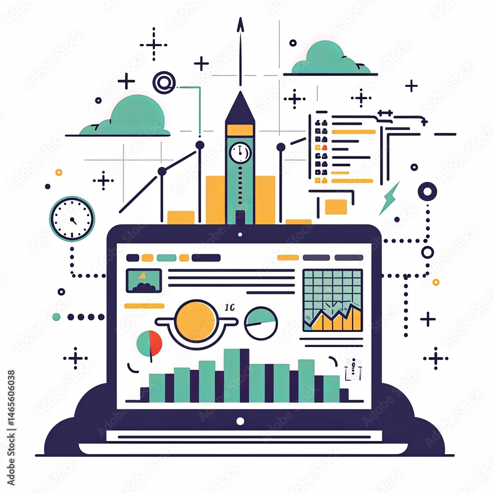 Poster illustrative digital analysis concept with charts and technology on computer screen