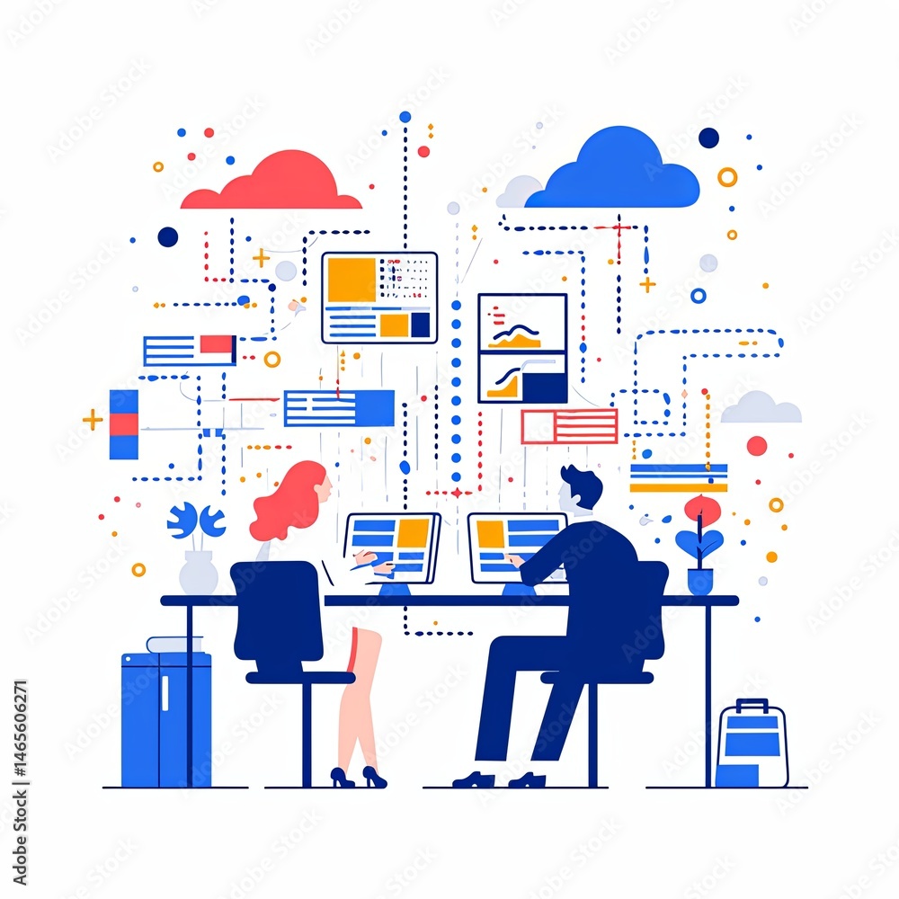 Poster collaborative cloud computing with two professionals working on illustrated technology network
