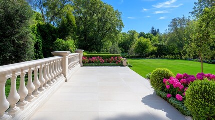 Obraz premium Serene Garden Patio - Tranquil patio scene with stone balustrade, lush greenery, vibrant flowers, and a manicured lawn. Perfect for relaxation and outdoor living