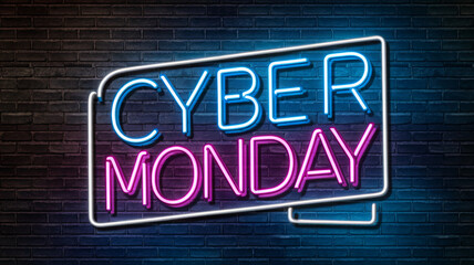 Neon sign on brick wall advertising Cyber Monday sale, bright pink and blue lights, modern design, symbolizes online shopping deals