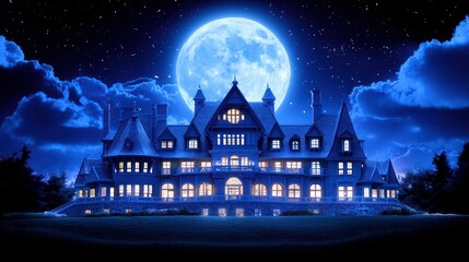 Fototapeta premium Majestic Mansion at Night Under a Giant Moon with Starry Sky