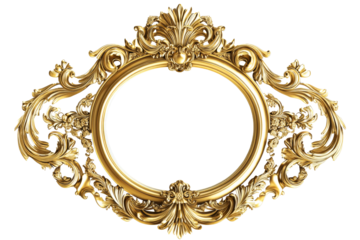 Ornate gold frame with oval opening, Baroque style, cut out transparent