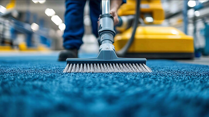 The carpet cleaning process is being performed by a professional cleaner in a blue uniform using a vacuum cleaner and a yellow machine in the background A closeup shot shows the han