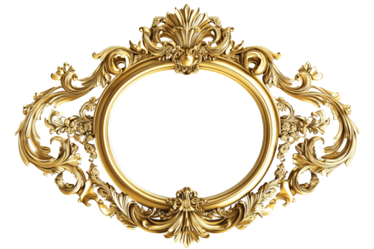 Ornate gold frame with oval opening, Baroque style, cut out transparent