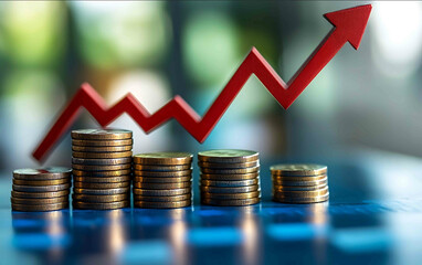 Photo of stacked coins with a red arrow pointing up and a graph line going upwards on a blue background representing stock market growth or the rising financial performance of a com