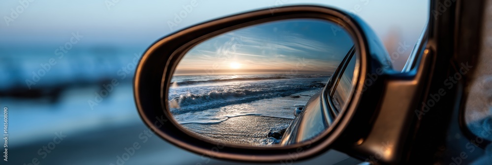 Aufkleber Sunglasses Reflecting a Beautiful Beach Sunset With Waves and Open Gradient Sky in a Serene Coastal Setting Generative AI