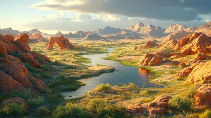 Fototapeta premium Desert valley with a calm river and sandstone arches