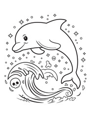 Spooky Dolphin in Haunted Ocean – Creepy Sea Scene Line Art

