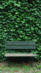 Bench sits before lush ivy, inviting relaxation