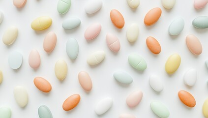 Assorted pastel-colored pills scattered on a white background