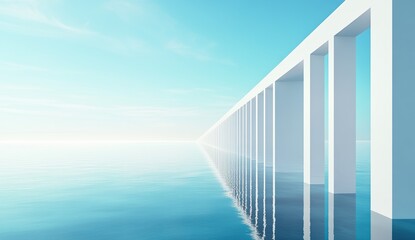 A pristine white architectural bridge over tranquil water