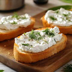 closeup of one slice of French bread spread with cream cheese and some fresh dill laid out on a wooden board for serving for breakfast or light lunch against the background of kitch