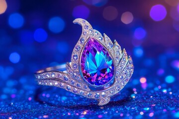 Fototapeta premium Sparkling Peacock Ring Gemstone Jewelry - Close-up of a vibrant gemstone ring, designed like a peacock feather, set against a sparkling blue background