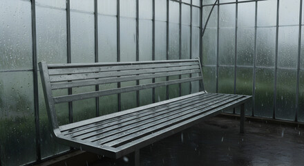 Solitude And Rain: Empty Bench In A Glass House On A Rainy Day